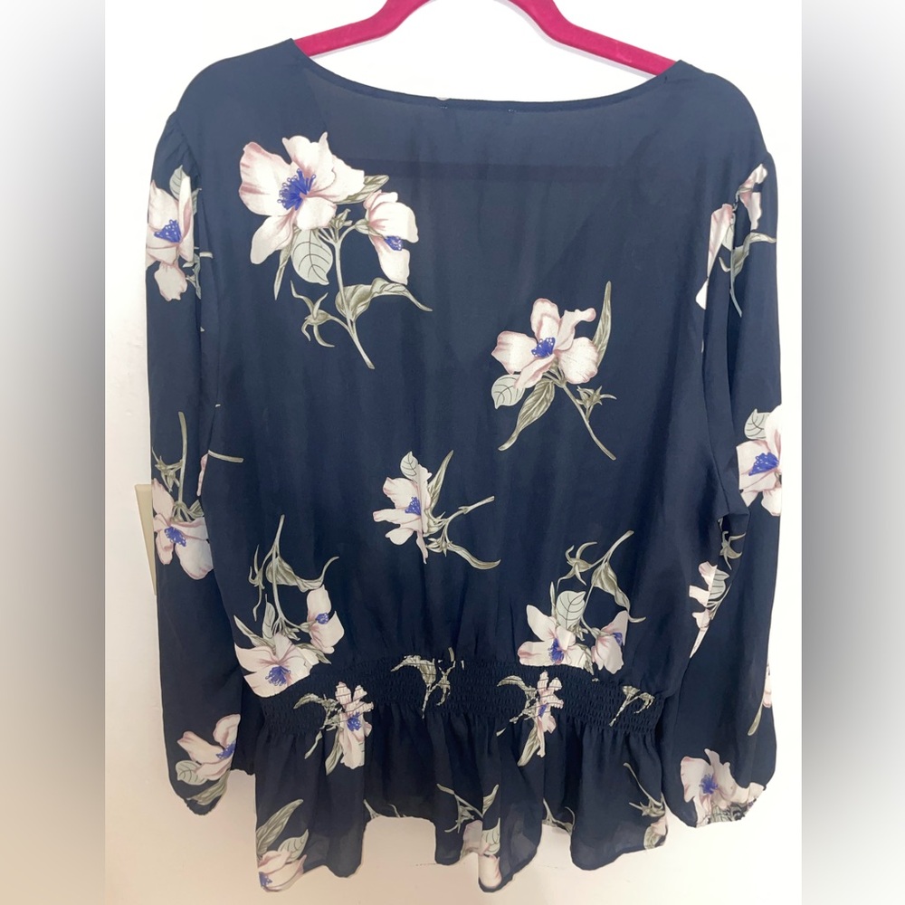 Lush Navy Floral Wrap-Front Peplum Blouse - Picture 3 of 3